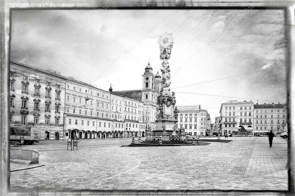 Linz, Austria. City center of Linz in wintertime. Black and white picture.
