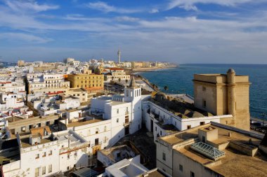 Eski şehrin çatıları ve Santa Cruz Katedrali 'nin sabah havadan görünüşü Cadiz' deki Tavira kulesinden, Endülüs, İspanya