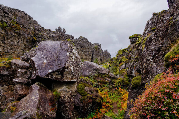 Thingvellir National Park - famous area in Iceland right on the spot where the atlantic tectonic plates meets. UNESCO World Heritage Site. September 2019