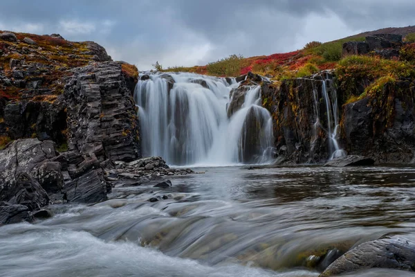 Long exposure shot of lower part of Dynjandi waterfall stream. September 2019 — Stock Photo, Image