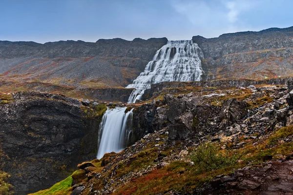 Vodopád Dynjandi, Westfjordy, Island. Dlouhá fotka. Září 2019 — Stock fotografie