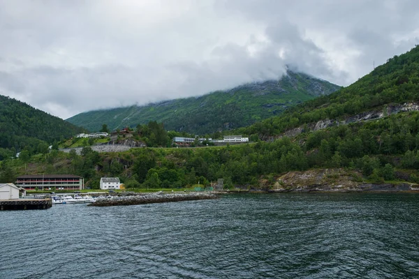 Blue water of Geirangerfjord as seen from the town Hellesylt, More og Romsdal, Norway. July 2019 — 스톡 사진