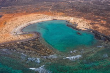 The Isla de Lobos in Fuerteventura, Spain with the Playa de la Concha. Aerial drone shot in october 2019