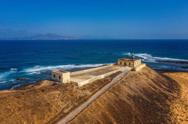 Lighthouse Small island of Lobos near Fuerteventura Canary islands Spain. Aerial drone view in october 2019