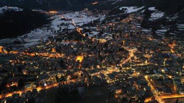 Aerial view of Bormio Italian Alps at sunset. January 2019