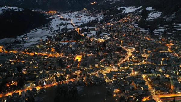 Aerial view of Bormio Italian Alps at sunset. January 2019