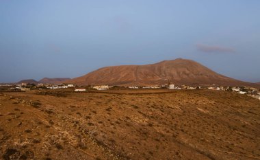 Spain, Canary Island, Fuerteventura, rural area in Villaverde village at sunset, Aerial drone view in october 2019