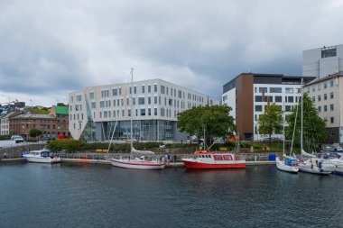 Norveç 'in batı kıyısındaki Alesund liman kasabasının Geirangerfjord girişindeki manzarası. Renkli bir sabah manzarası. Seyahat konsepti arka planı.