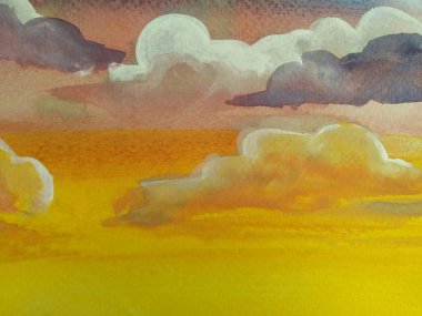 Kağıt üzerinde suluboya arkaplan: Sabah gökyüzü ve fotokopi alanı ile renkli bulut; suluboya arkaplan resmi. Uygulama, Kartpostal, Paketleme, Ögeler, Web Siteleri ve Malzeme Resimleri İçin Kullan.