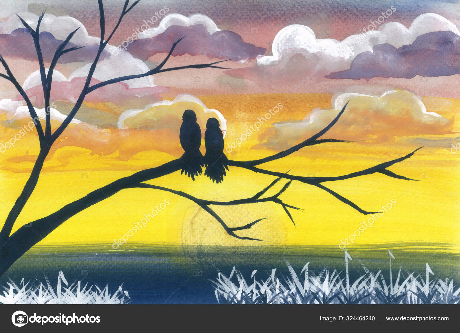 Watercolor Silhouette Bird Couple Two Birds Tree Branch Sunset Time Stock Photo Image By C Phornlee 324464240