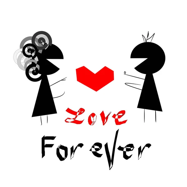Silhouette of a cartoon couple just married and `Love forever` word isolate on white background with copy space. - illustration