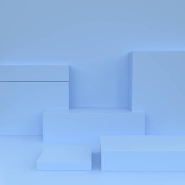 Mavi arkaplanda sergilenecek podyum sahnesi, 3D görüntüleme.