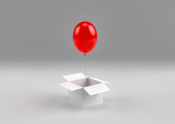 Red balloon flying out of magic little box 3d rendering minimal — ストック写真