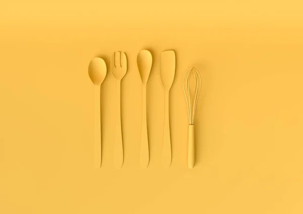 Kitchen utensils set with pastel yellow color. Minimal concept 3d render. — Stock Photo, Image