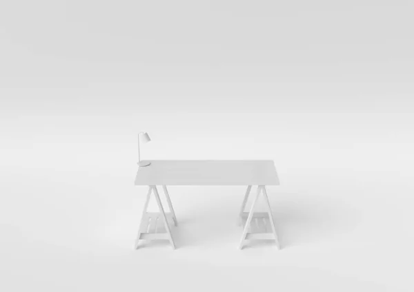 Desk white design pembuatan desktop area kerja kertas Minimal konsep 3d render, 3d ilustrasi . — Stok Foto