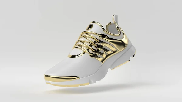 Δημιουργική μινιμαλιστική ιδέα πολυτελείας. Concept λευκό και χρυσό παπούτσι με λευκό φόντο. 3d απόδοση — Φωτογραφία Αρχείου
