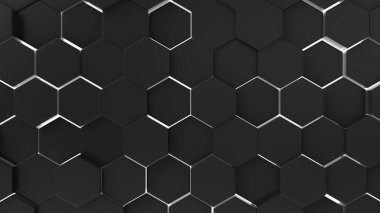 Işık ışınlı siyah soyut arkaplan altıgen deseni. 3d illüstrasyon, 3d canlandırma.