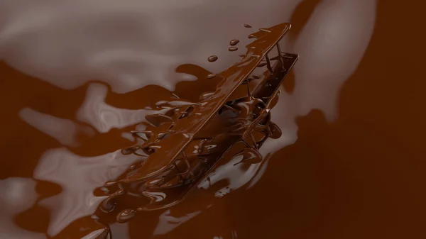 Splash van chocolade, spatten in een vliegtuig vorm, 3d rendering, 3d illustratie. — Stockfoto