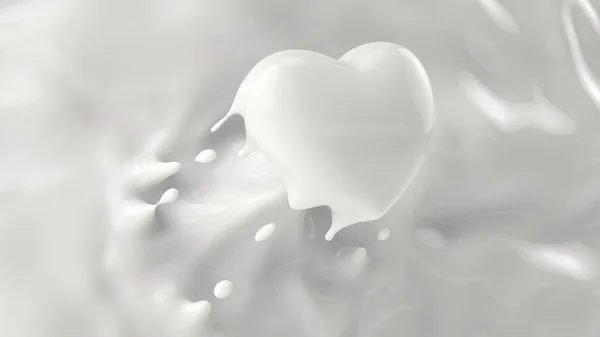 Schizzi di latte, schizzi a forma di cuore, per San Valentino o amore Concetto, rendering 3d, illustrazione 3d . — Foto Stock