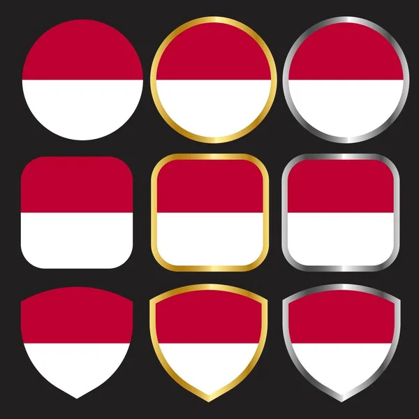 Icono Vector Bandera Indonesia Conjunto Con Borde Oro Plata — Vector de stock