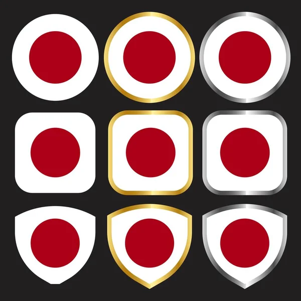 Icono Vector Bandera Japón Conjunto Con Borde Oro Plata — Vector de stock