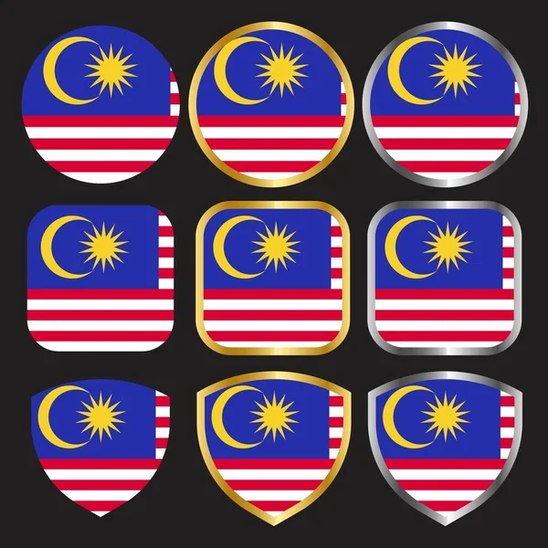 带有金银边框的马来西亚人旗矢量图标集 — 图库矢量图片