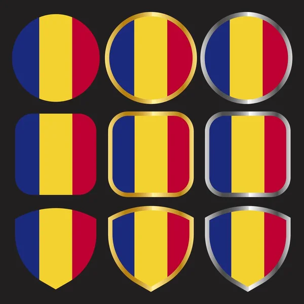 Romania Flag Vector Icon Set Gold Silver Border — Stock Vector