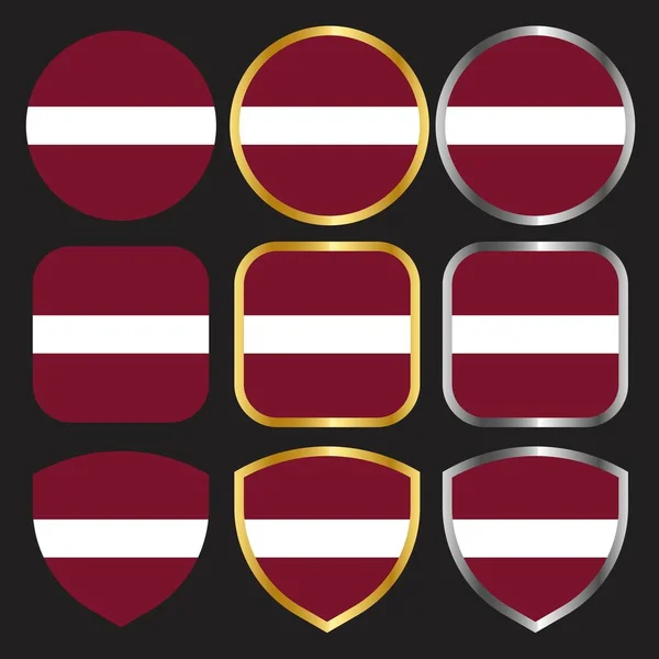 Icono Vector Bandera Latvia Conjunto Con Borde Oro Plata — Vector de stock
