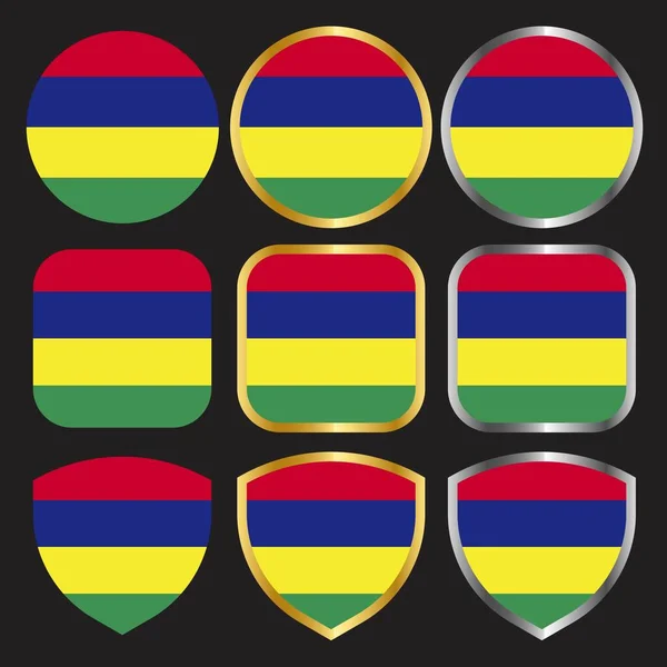 Mauritius Flag Vector Icon Set Gold Silver Border — Stock Vector