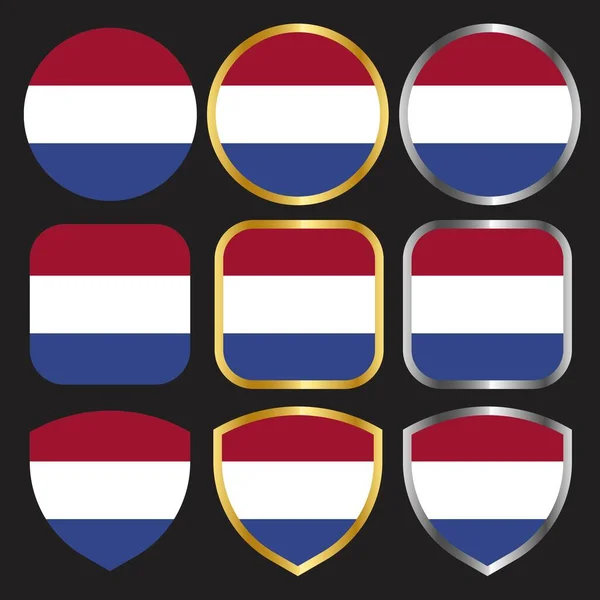 Netherland Flag Vector Icon Set Gold Silver Border — Stock Vector
