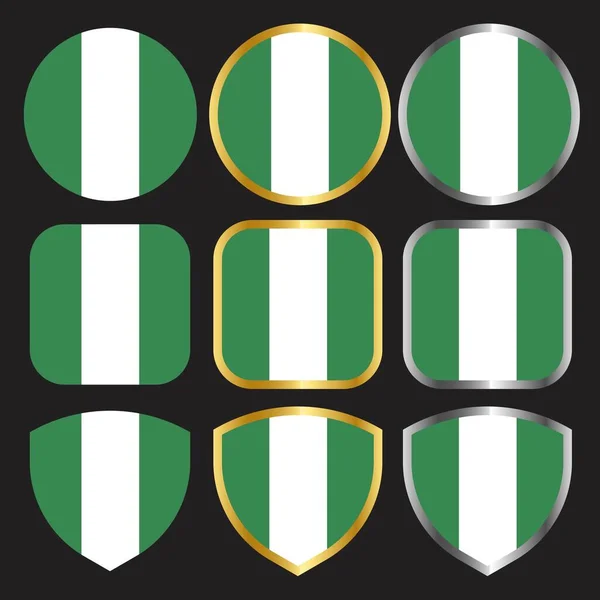 Векторна Ікона Нігерійського Прапора Встановлена Золотим Срібним Краєм — стоковий вектор