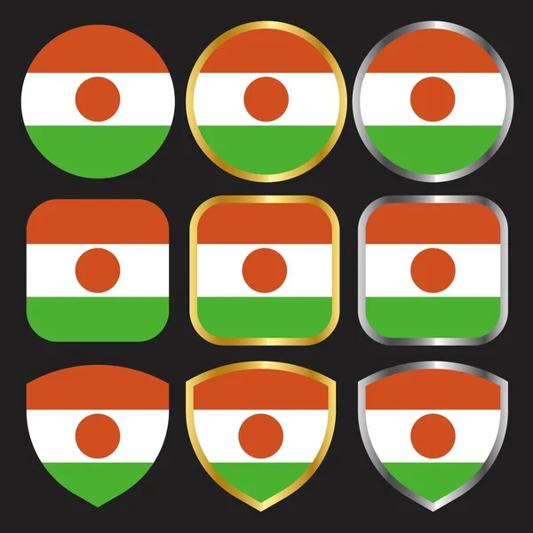 Niger Flag Vector Icon Set Mit Goldenem Und Silbernem Rand — Stockvektor