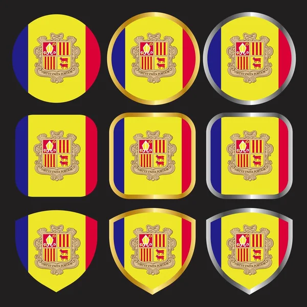 Andorra Flag Vector Icon Set Con Bordo Oro Argento — Vettoriale Stock