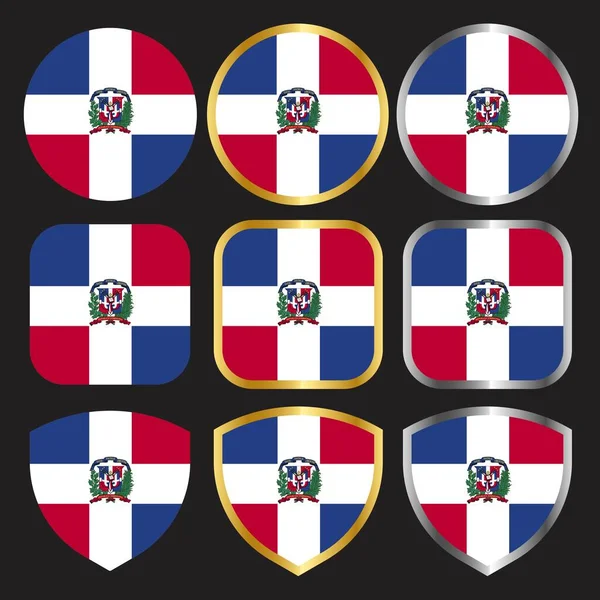 Dominican Republic Flag Vector Icon Set Gold Silver Border — Stock Vector