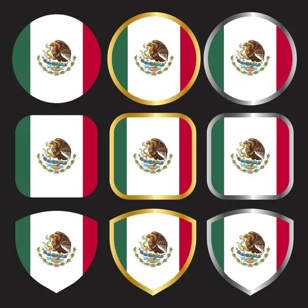 Icono Del Vector Bandera México Conjunto Con Borde Oro Plata — Archivo Imágenes Vectoriales