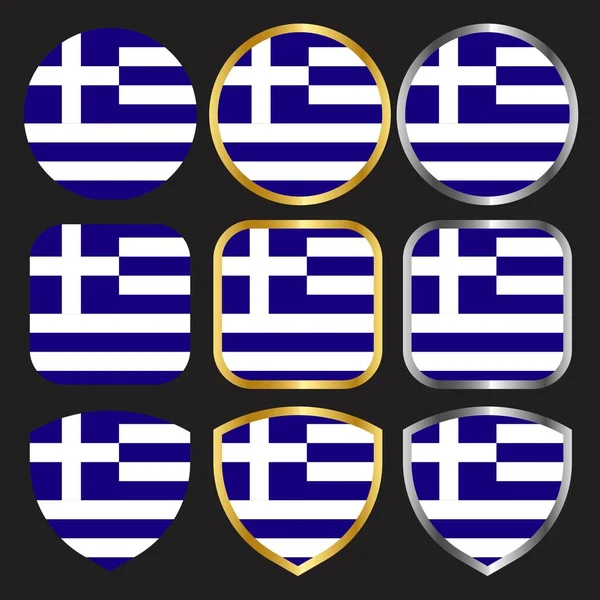Görög Zászló Vektor Ikon Készlet Arany Ezüst Határral — Stock Vector