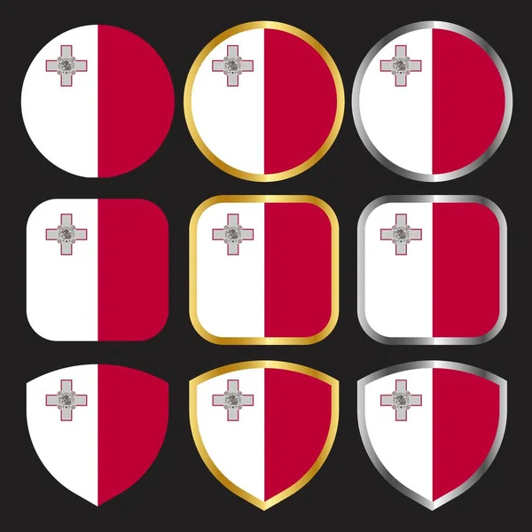 Icono Del Vector Bandera Malta Conjunto Con Borde Oro Plata — Vector de stock