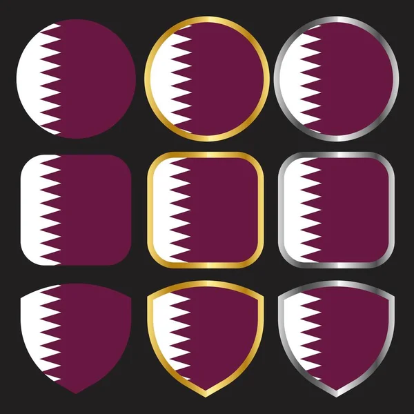 Qatar Icono Del Vector Bandera Conjunto Con Borde Oro Plata — Vector de stock