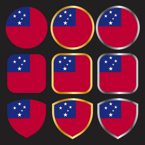 Samoa Flag Vector Icon Set Gold Silver Border — Stock Vector