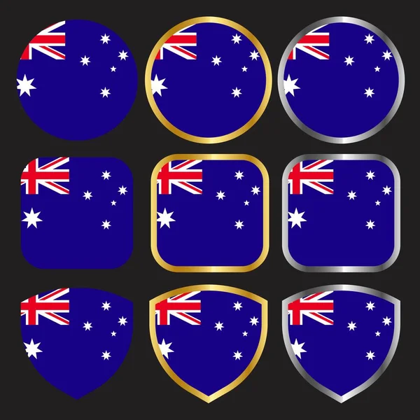 Icono Del Vector Bandera Australia Conjunto Con Borde Oro Plata — Vector de stock