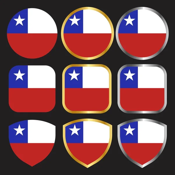 Chile Flag Vector Icon Set Gold Silver Border — Stock Vector