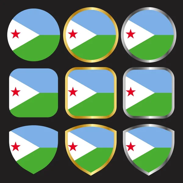 Djibouti Flag Vector Icon Set Gold Silver Border — Stock Vector