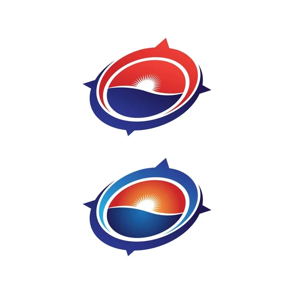 Logotipo Bússola Decorativa Futurista Com Pôr Sol Horizonte Conjunto Vetor — Vetor de Stock