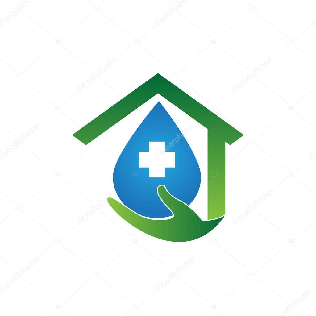 Modern and simple sanitize logo with home and hang illustration