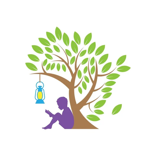 Children Reading Book Tree Lantern Logo Education — Stock Vector