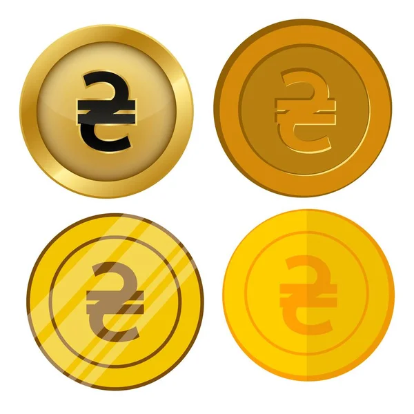 Cuatro Monedas Oro Estilo Diferente Con Hryvnia Conjunto Vectores Símbolo — Vector de stock