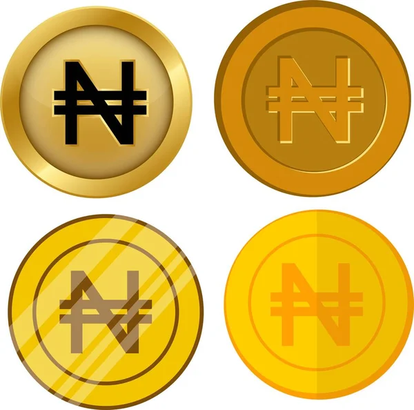 Cuatro Monedas Oro Estilo Diferente Con Conjunto Vectores Símbolo Moneda — Vector de stock