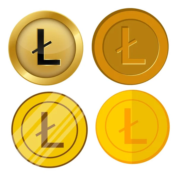 Cuatro Monedas Oro Estilo Diferente Con Litecoin Conjunto Vectores Símbolo — Vector de stock