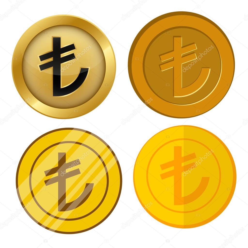 four different style gold coin with lira currency symbol vector set