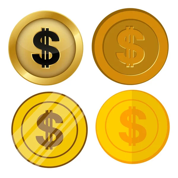Quatro Diferentes Estilo Moeda Ouro Com Dólar Moeda Símbolo Vetor — Vetor de Stock